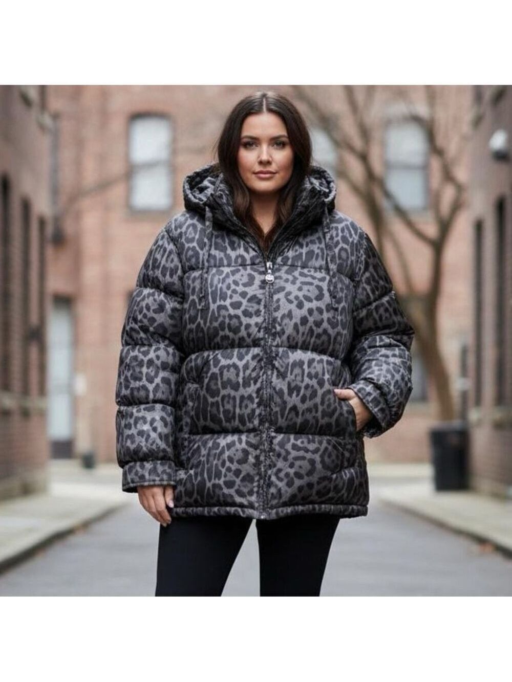 Michael Kors Charcoal Leopard Print Bulky Quilted Puffer Coat Hooded Size 3X